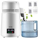 VEVOR Destilador de Agua 4L Filtro de Destilación de Agua con Recipiente de Plástico 750W 1L/H Ajuste de Velocidad, Destilación Filtro Purificador 7,9lbs de Acero Inoxidable con Pantalla Doble, Blanco