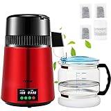 VEVOR Destilador de Agua 4 L Filtro de Destilación de Agua con Recipiente de Vidrio 750 W 1 L/H Ajuste de Velocidad, Destilación Filtro Purificador 7,9 lbs de Acero Inoxidable con Pantalla Doble, Rojo