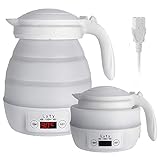 Hervidor Eléctrico Plegable de Viaje - Control de Templar [Voltaje Dual] Caldera de Agua Rápida con Cable Separable-Portátil-Caldera Pequeño Plegable de Silicona - 0.8L 110~220v 850W (Blanco)